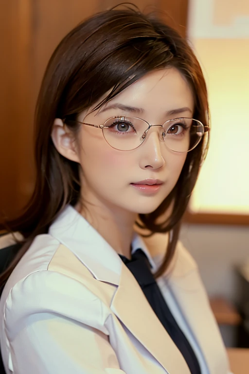 (Highest quality,Realistic,Portraiture:1.2,model:1.1,young woman),(Fine grain),(Detailed lips),(Beautiful Face),(Natural light),(Vibrant colors),(Soft Skin:1.1),(Studio shot), Small breasts, Businesswoman, (Glasses), Office Suits, 