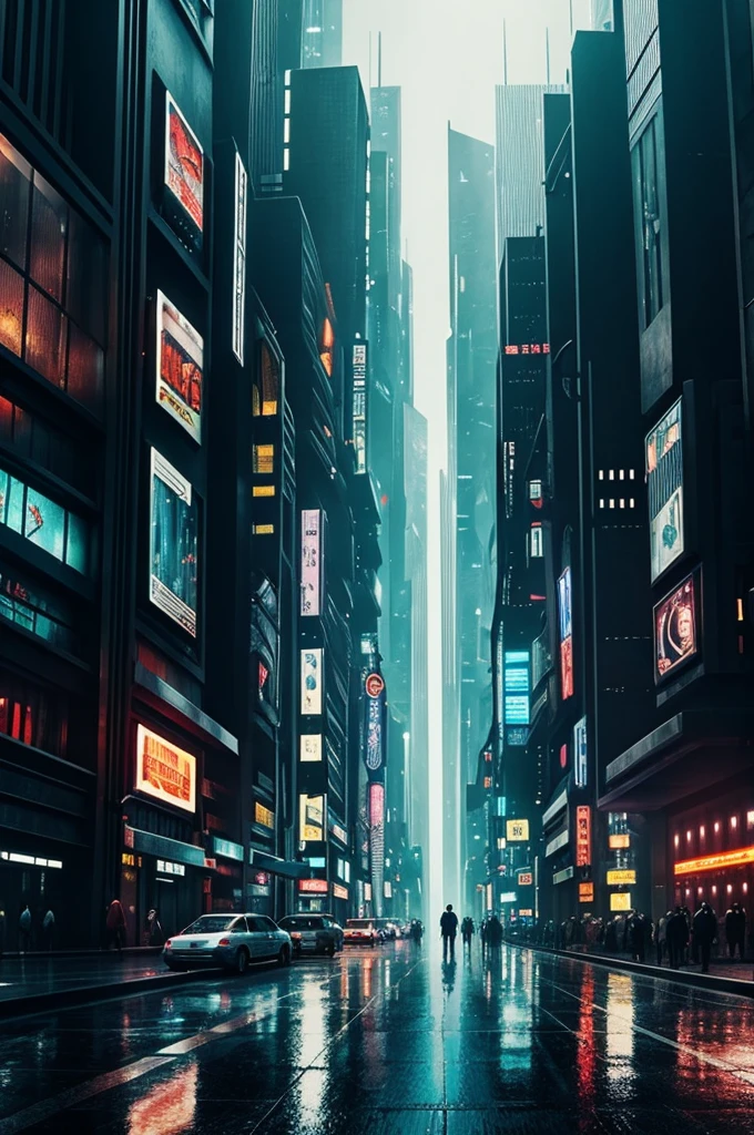 Futuristic destopian city scene with reflections. Ethereal Atmosphere. Blade runner style
