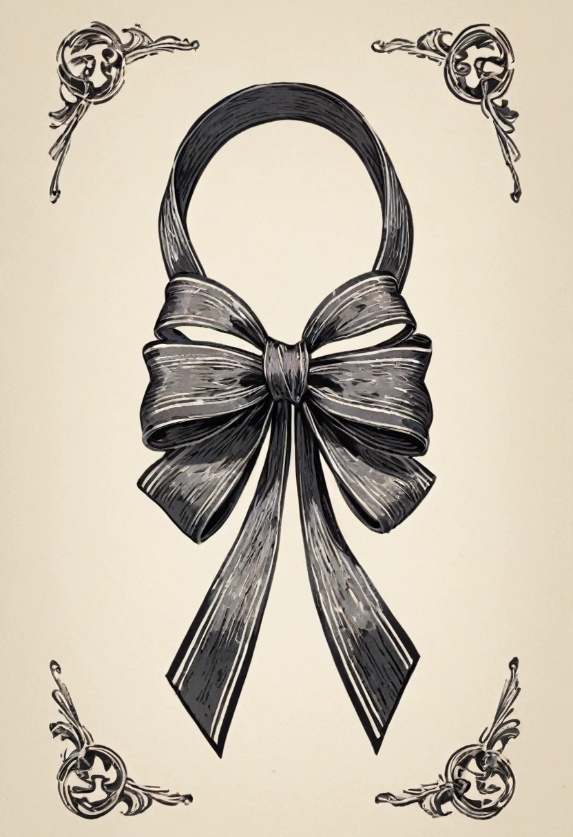 masterpiece、super beautiful、8K、Asymmetric、Long wavy ribbon、flat、An illustration of a ribbon tied in a bowknot, drawn with worn lines in the style of medieval black and white letterpress printing.