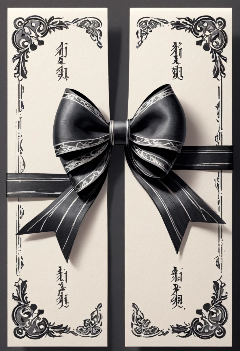 masterpiece、super beautiful、8K、Asymmetric、Long wavy ribbon、flat、An illustration of a ribbon tied in a bowknot, drawn with worn lines in the style of medieval black and white letterpress printing.