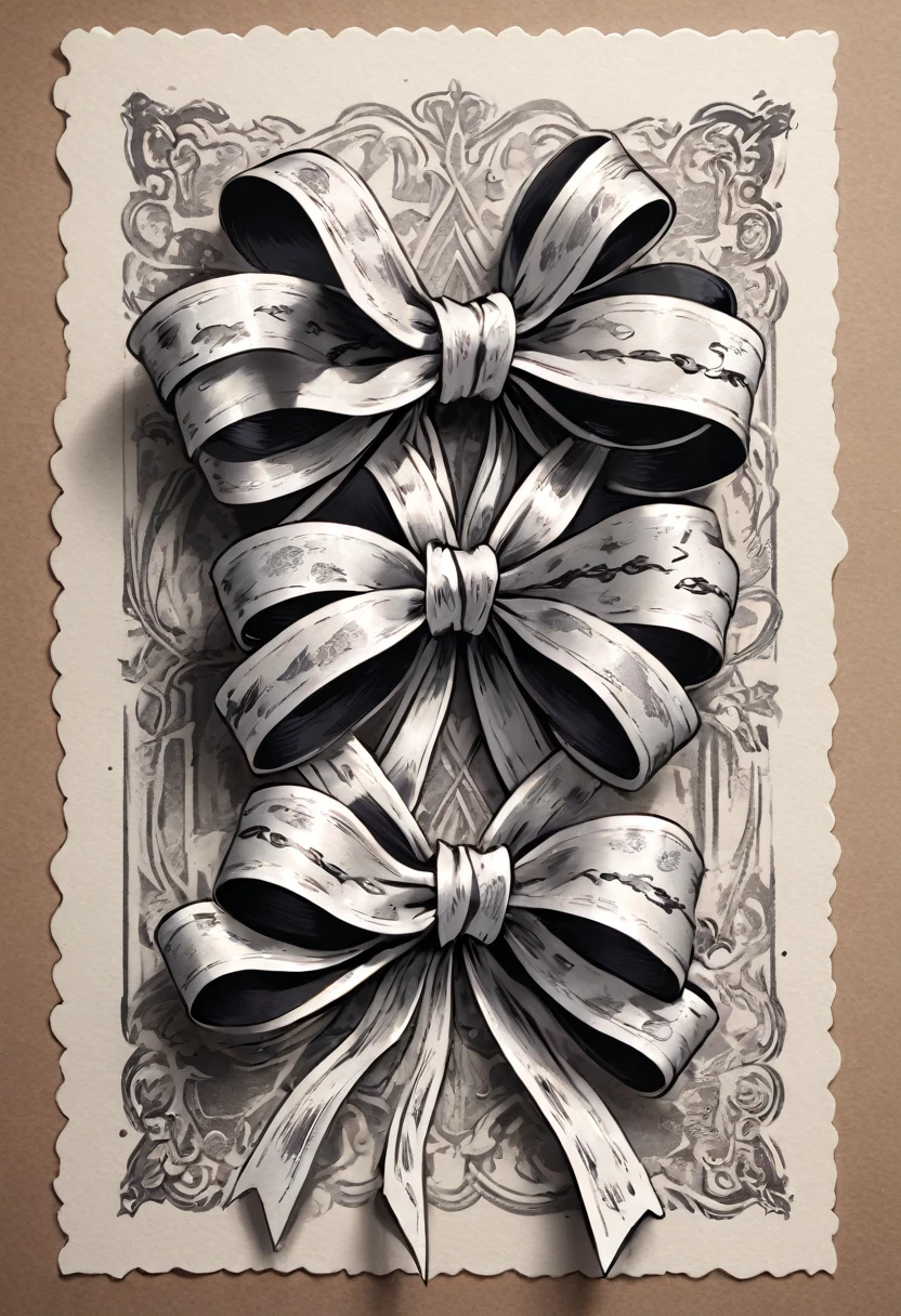 masterpiece、super beautiful、8K、Asymmetric、Long wavy ribbon、flat、An illustration of a ribbon tied in a bowknot, drawn with worn lines in the style of medieval black and white letterpress printing.