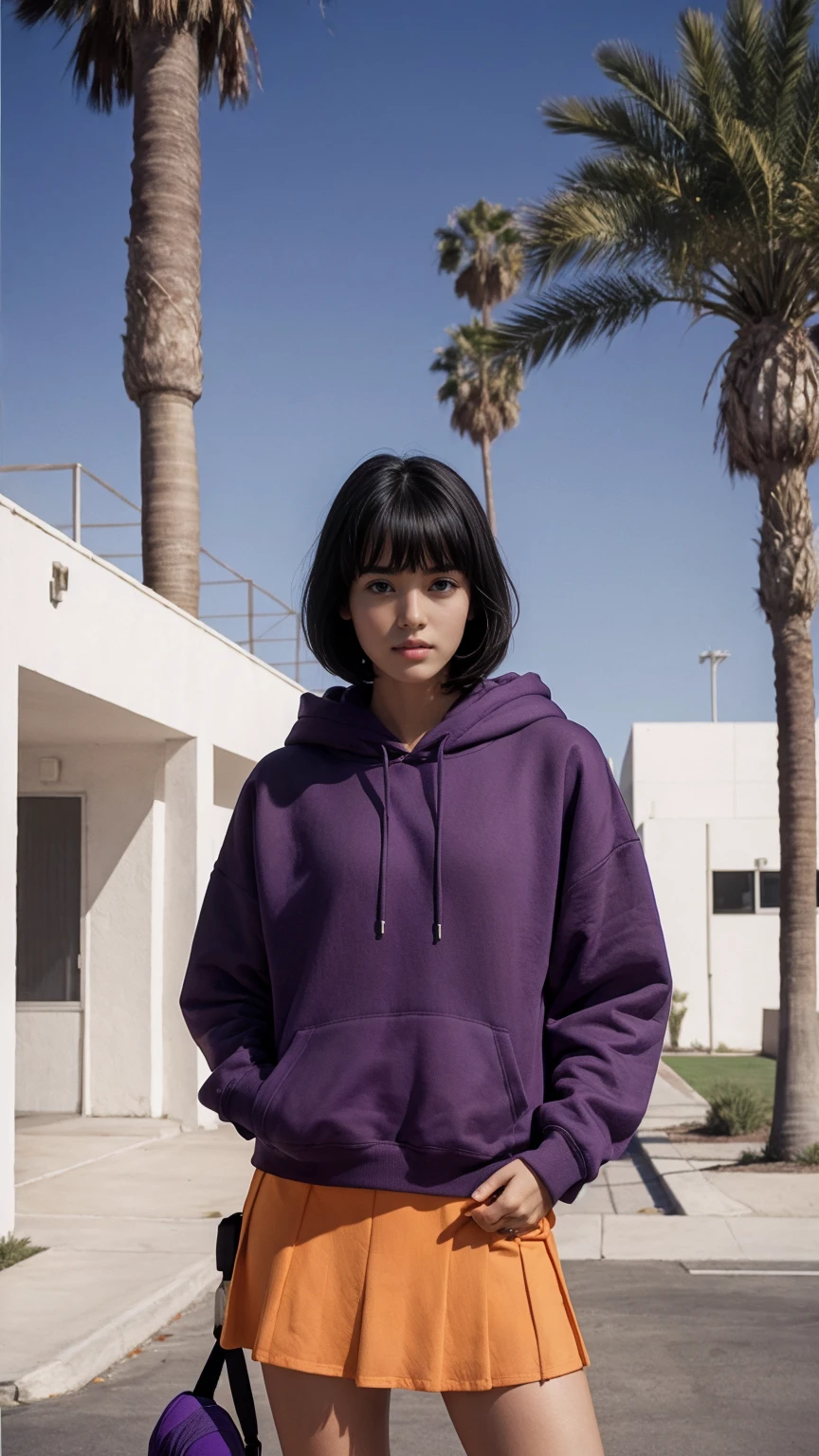 portrait of a 23 yo girl, plum body ,wear ((orange color oversized hoodie)), wear ((purple tennis skirt)),looking front,Best Quality,Masterpiece,Ultra High Resolution,(Realisticity:1.4),Original Photo, 1Girl, light leak,ultra high resolution,UHD,beautiful, (black bob hair), almond eye, no makeup, in front of (80's mondrian architecture motel), (realistic:1.2), (surreal:1.3), (very detailed:1.1), ((masterpiece)),summer, blue sky, palm trees,sunny, los angles vibes,film camera, 800mm lens,style of Philip Lorca diCorcia