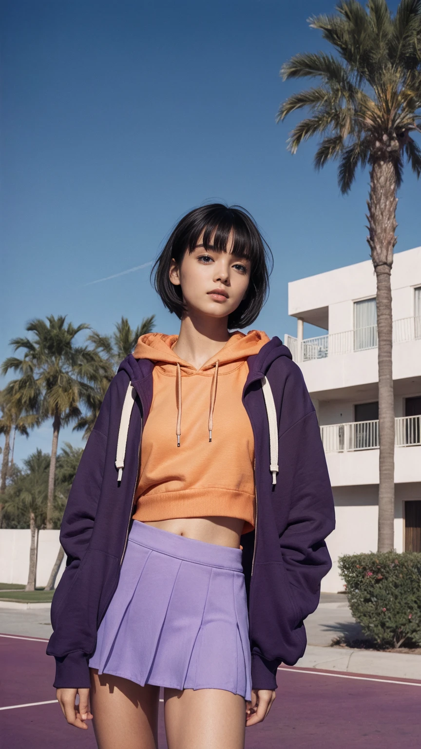 portrait of a 23 yo girl, plum body ,wear ((orange color oversized hoodie)), wear ((purple tennis skirt)),looking front,Best Quality,Masterpiece,Ultra High Resolution,(Realisticity:1.4),Original Photo, 1Girl, light leak,ultra high resolution,UHD,beautiful, (black bob hair), almond eye, no makeup, in front of (80's mondrian architecture motel), (realistic:1.2), (surreal:1.3), (very detailed:1.1), ((masterpiece)),summer, blue sky, palm trees,sunny, los angles vibes,film camera, 800mm lens,style of Philip Lorca diCorcia