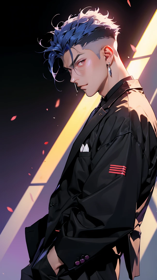 highest quality, 8K, high resolution image, anime style Jujutsu Kaisen, (Gilgamesh | Fate), detailed strokes, bored look , blurred, purple light reflecting from it, (close angle), 1 man, young, male, model, hand in pocket, cool guy, multicolored Background with various geometric shapes, around stickers, muscular, Blue hair, Hairstyle, Hairstyle:Undercut, Red eyes, short Hair, Blue hair, highlighted hair ,swollen chest, He is wearing a black sportjacket and black sweatpants, Black Sportjacket, black sweatpants and a gold link chain, sweatpants, Background: Room,