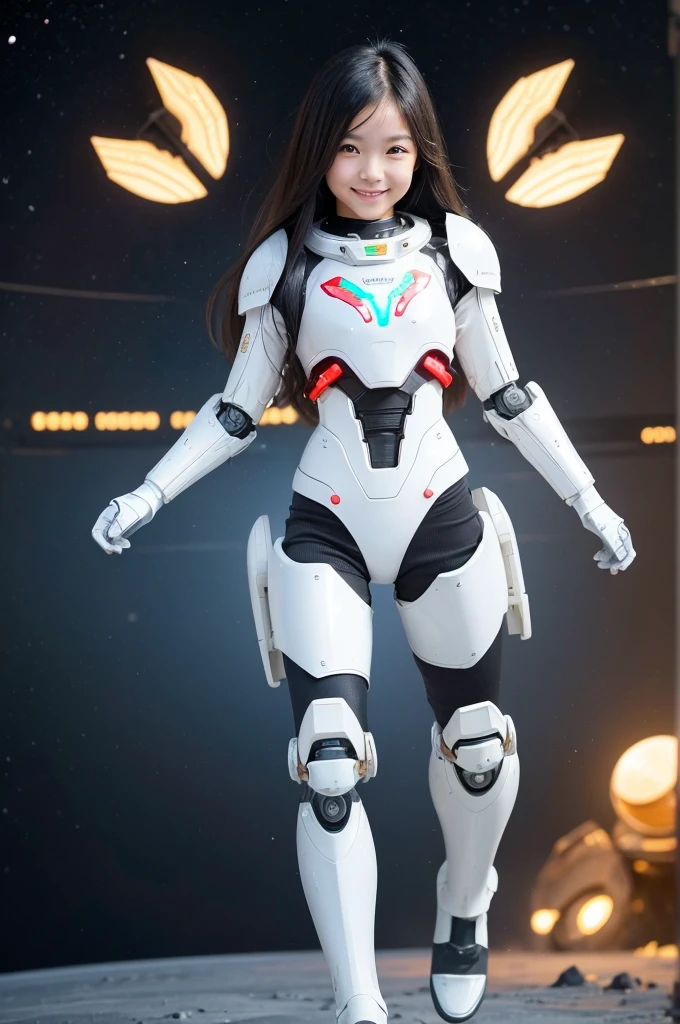Perfect human body modeling, 1 girl, cute girl, pretty face, bitter smile, 12 years old, Beautiful black long hair, beautiful eyes, flat chest, small build, No muscles, white skin, Rabbit ears in robot style, powered armor, full armor, powered leg, metroid armor, Space suits, planetary exploration
