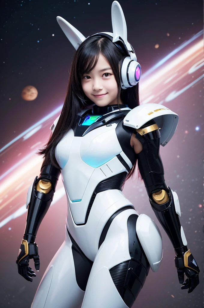 Perfect human body modeling, 1 girl, cute girl, pretty face, bitter smile, 12 years old, Beautiful black long hair, beautiful eyes, flat chest, small build, No muscles, white skin, Rabbit ears in robot style, powered armor, full armor, powered leg, metroid armor, Space suits, planetary exploration