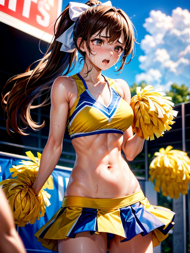 Highest Resolution,Highest quality,((Cheerleader holding a sports drink))A beautiful girl with a crying face,sunny,Tears and saliva dripping,Brown hair ponytail,Sweating profusely,whole body,Belly button,Abdominal muscles,