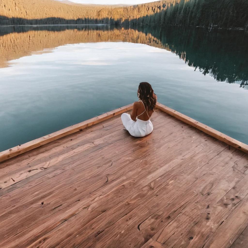 Clean girl aesthetic, wooden deck, lake, trend, instagram influencer, perfect fingers