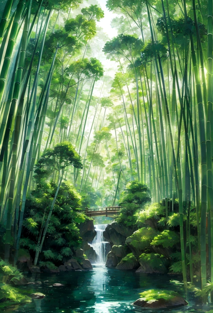 Draw a river in a bamboo forest,Moonlight shines through the bamboo forest at night, Round moon,Dancing fireflies,Scattered white lanterns,Anime background art, anime beautiful peace scene, beautiful anime scenery, Anime lush John 8K bamboo forest, mystical forest lagoon, Anime Nature, Bamboo forests and rivers,River in a bamboo forest, anime landscape wallpapers, Tranquil lush bamboo forest, anime backgrounds, anime nature wallpap, Gentle sparkling bamboo stream