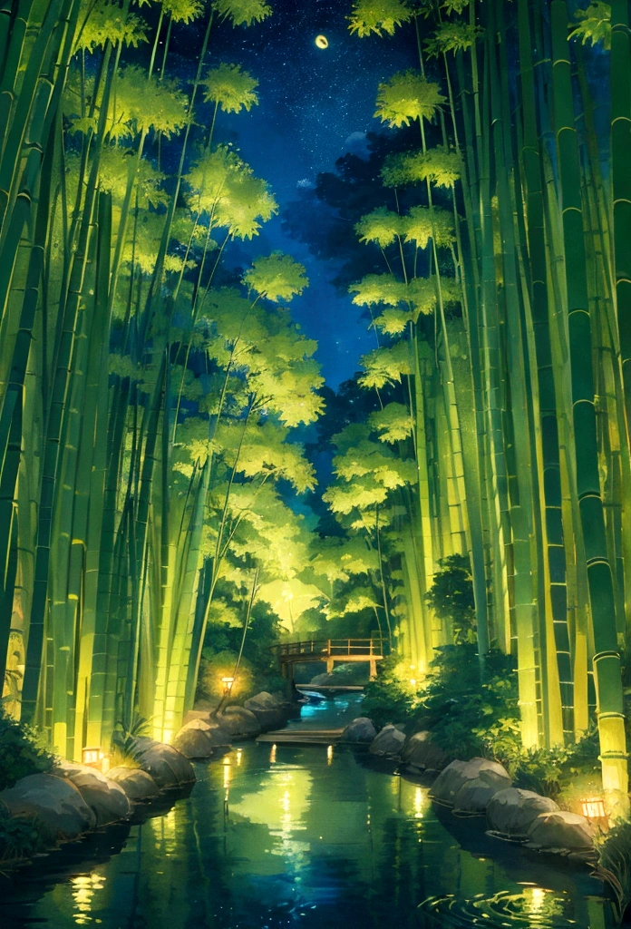 Draw a river in a bamboo forest,Moonlight shines through the bamboo forest at night, Round moon,Dancing fireflies,Scattered white lanterns,Anime background art, anime beautiful peace scene, beautiful anime scenery, Anime lush John 8K bamboo forest, mystical forest lagoon, Anime Nature, Bamboo forests and rivers,River in a bamboo forest, anime landscape wallpapers, Tranquil lush bamboo forest, anime backgrounds, anime nature wallpap, Gentle sparkling bamboo stream
