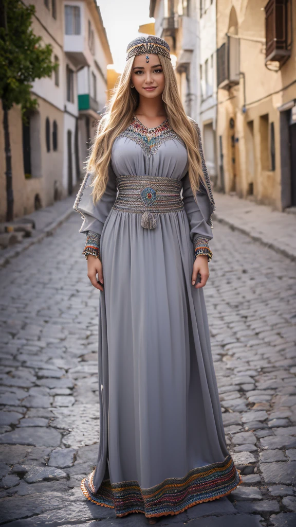 beautifull hot german blonde, robe kabyle, berber, amazigh dress, kabyledress, tizi ouzou, berber outfil, kabylegirl, bijoux, street background, full body, realistic,grey color robe