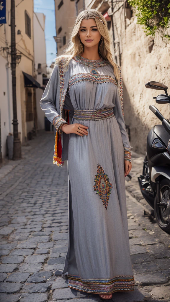 beautifull hot german blonde, robe kabyle, berber, amazigh dress, kabyledress, tizi ouzou, berber outfil, kabylegirl, bijoux, street background, full body, realistic,grey color robe