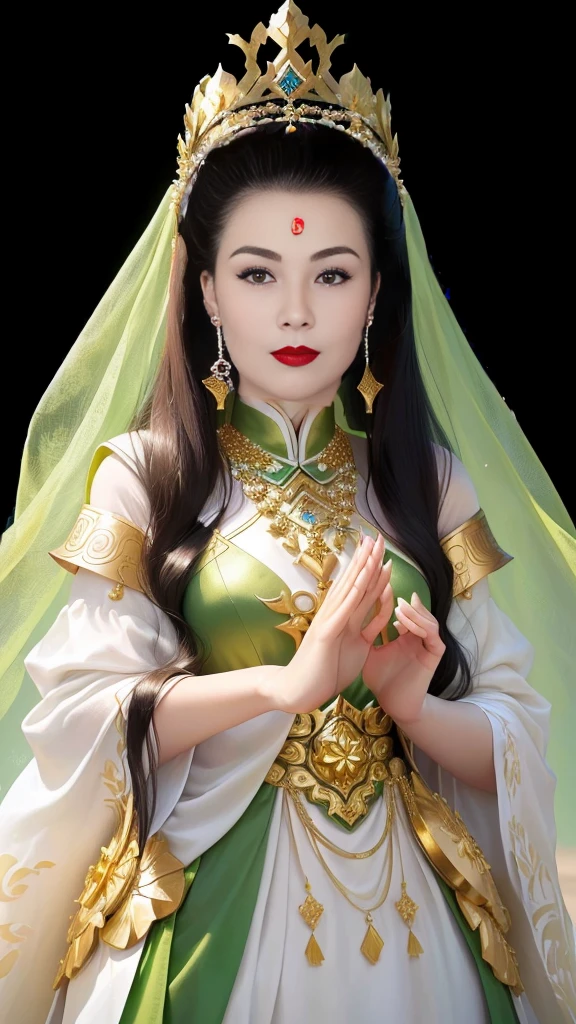 Wearing a green dress and a gold dress,Wearing a golden crown,Arad women covered in white sand, A young woman plays, Inspired by Huang Ji, Chinese Queen, Kazakh Queen, Queen of the Sea Mu Yanling, Inspired by Lv Ji, Chinese Princess, Inspired by Guillaume, Inspired by trees, Inspired by Zhang Yin, Inspired by Li Tang