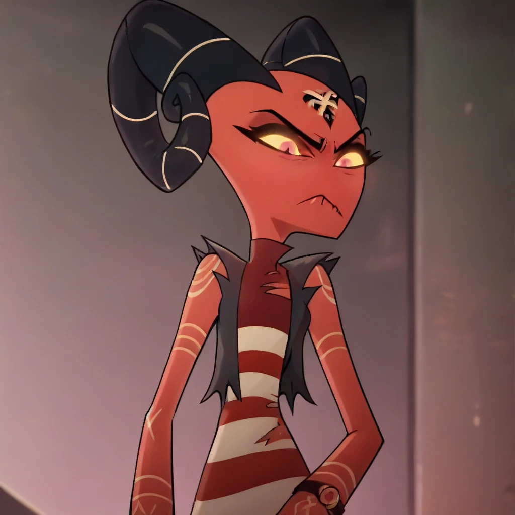 barbie wire, 1girl, demon girl, red skin, forehead tattoo, arm tattoos, horns, striped dress, leather jacket, screencap, front facing view, closed mouth,
