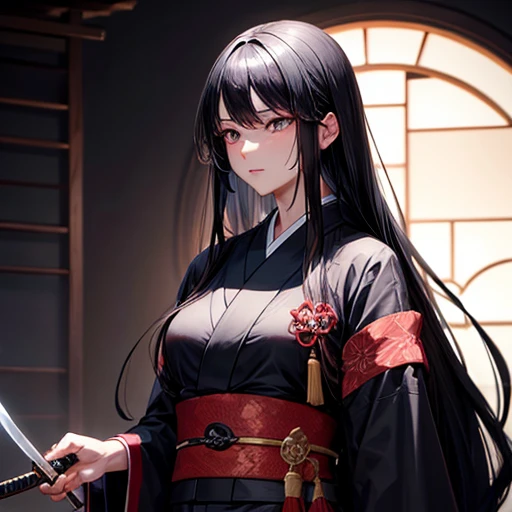 A woman with long black hair wearing a kimono holding a sword-like knife