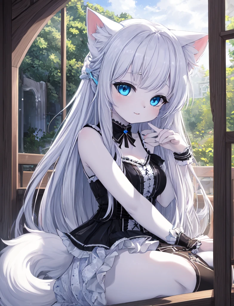 (4k,masterpiece, best quality:1.2), 1 girl, alone,wolf tail,cat ears,White fur,blue eyes,long white hair