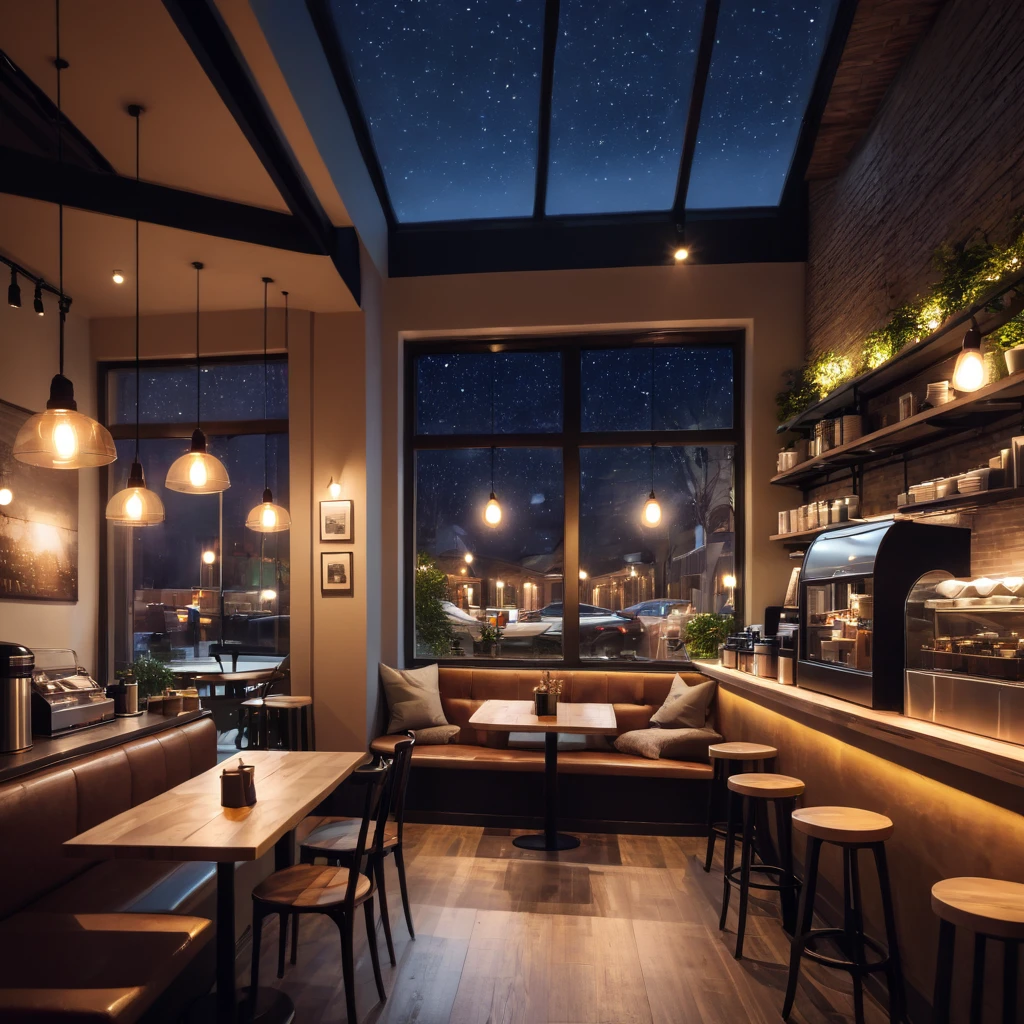 cozy coffee shop interior at night with a big window in the center