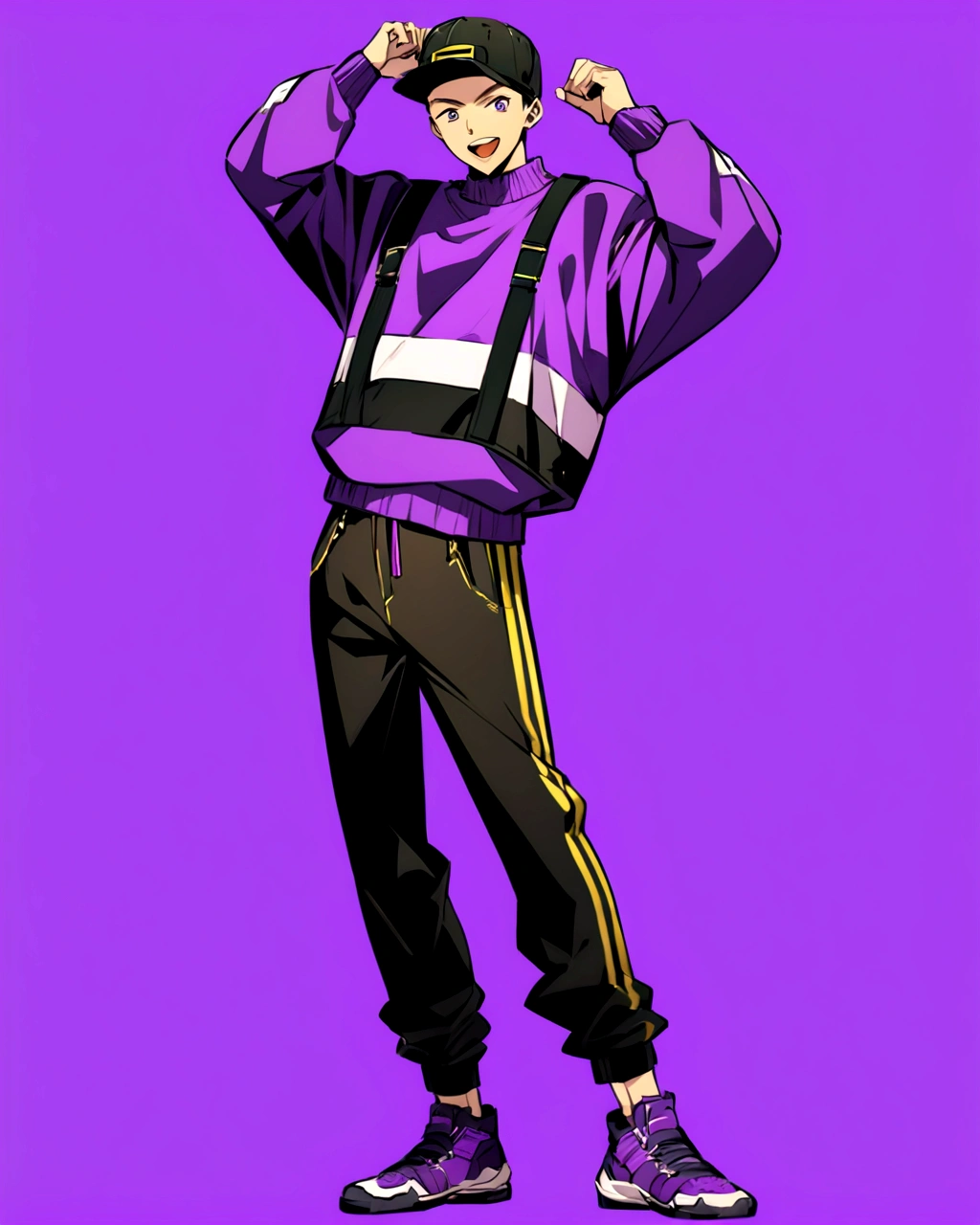 Create an anime-style illustration of a boy's character with a solid purple color background. The boy should be wearing a hip-hop style cap, purple sneakers, and a purple sweater paired with black pants. . The overall look should convey a trendy and sporty vibe."