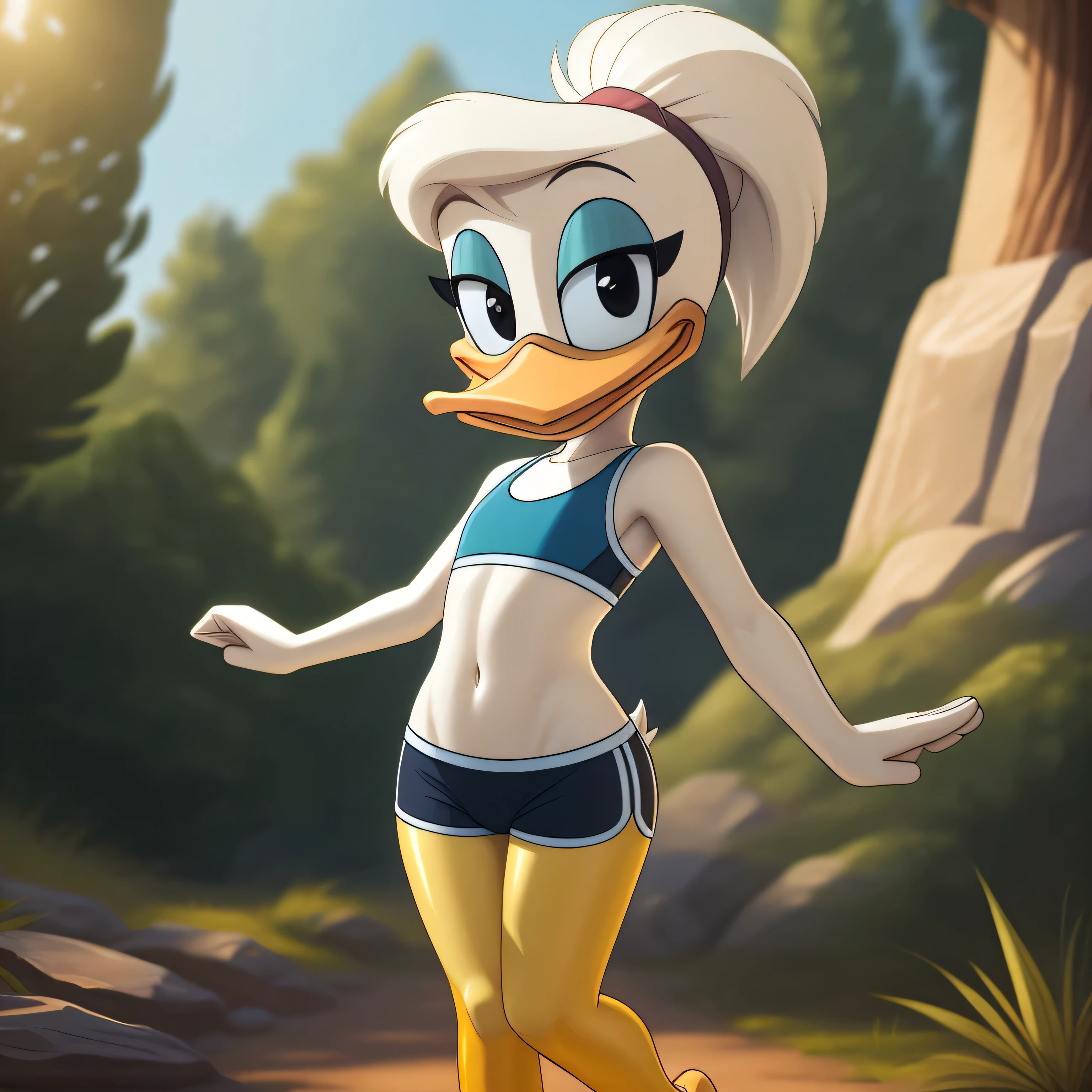 photorealism, duck, Lucie Duck, detailed background, outside, eyeshadow, cyan ponytail hairstyle, cartoon, (flat chested), (yellow legs: 1.5), smiling, happy, ducktales

wear white sports bra, tight white shorts, stretching her arms, intricate, detailed

simple black eyes, detailed, intricate, long skinny torso, (showing her torso)

highest quality, (detailed white skin:1.3), (looking at the viewer), (soft cinematic light:1.1) ,