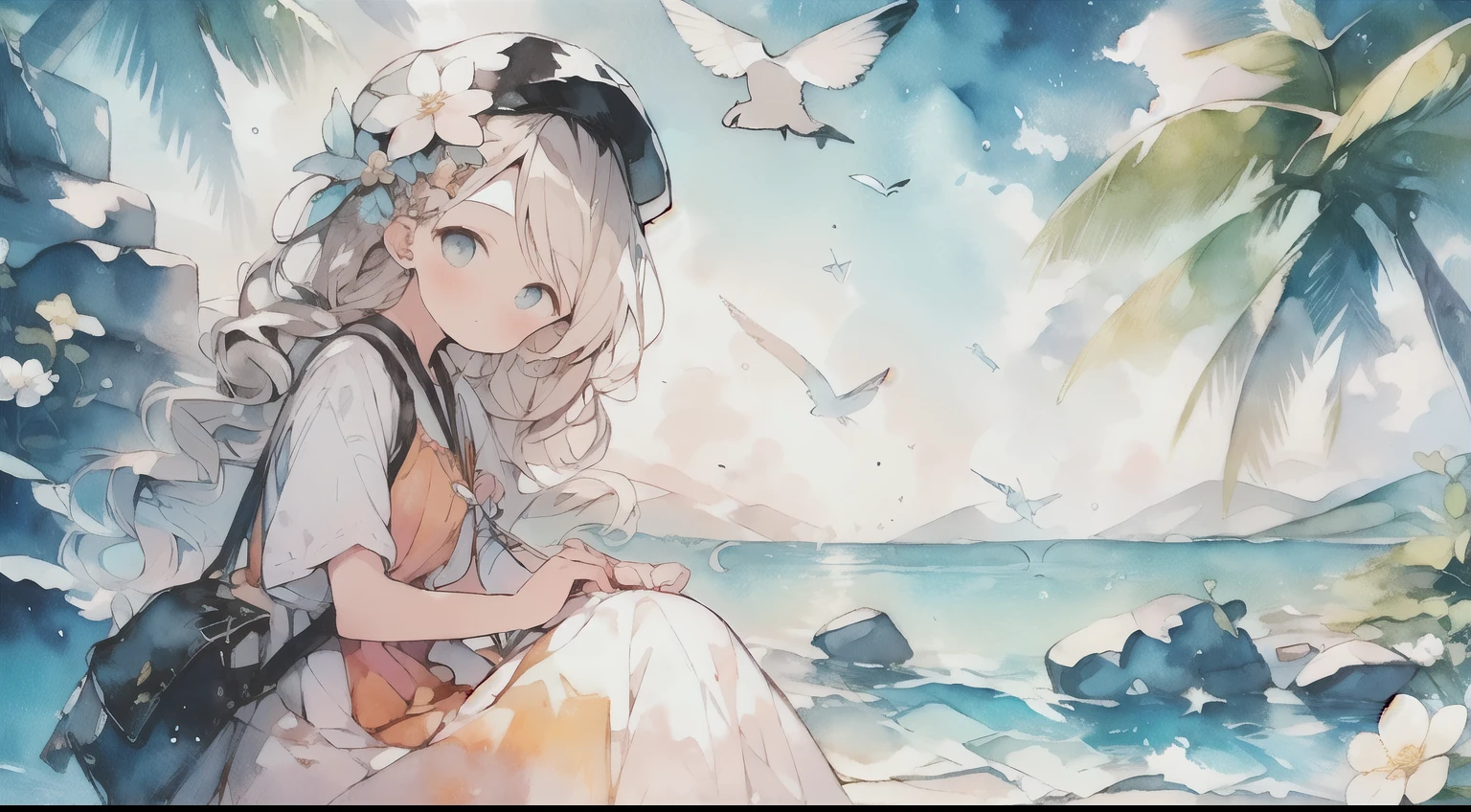 (pastel color:1.5), (Cute illustrations:1.5), (watercolor drawing:1.2), Pop color tones, bright tone, 1girl, outdoors, solo, flower, blue eyes, long hair, looking at viewer, long dress，hat, ocean, dress, sitting, white flower, sky, bug, hat flower, day, bangs, butterfly, water, long sleeves, blue sky, rock, cloud, orange dress, blonde hair, horizon, orange headwear, hair ornament, closed mouth, smile, hair flower, short sleeves, looking to the side, bird, scenery, mountainous horizon, red headwear, white dress