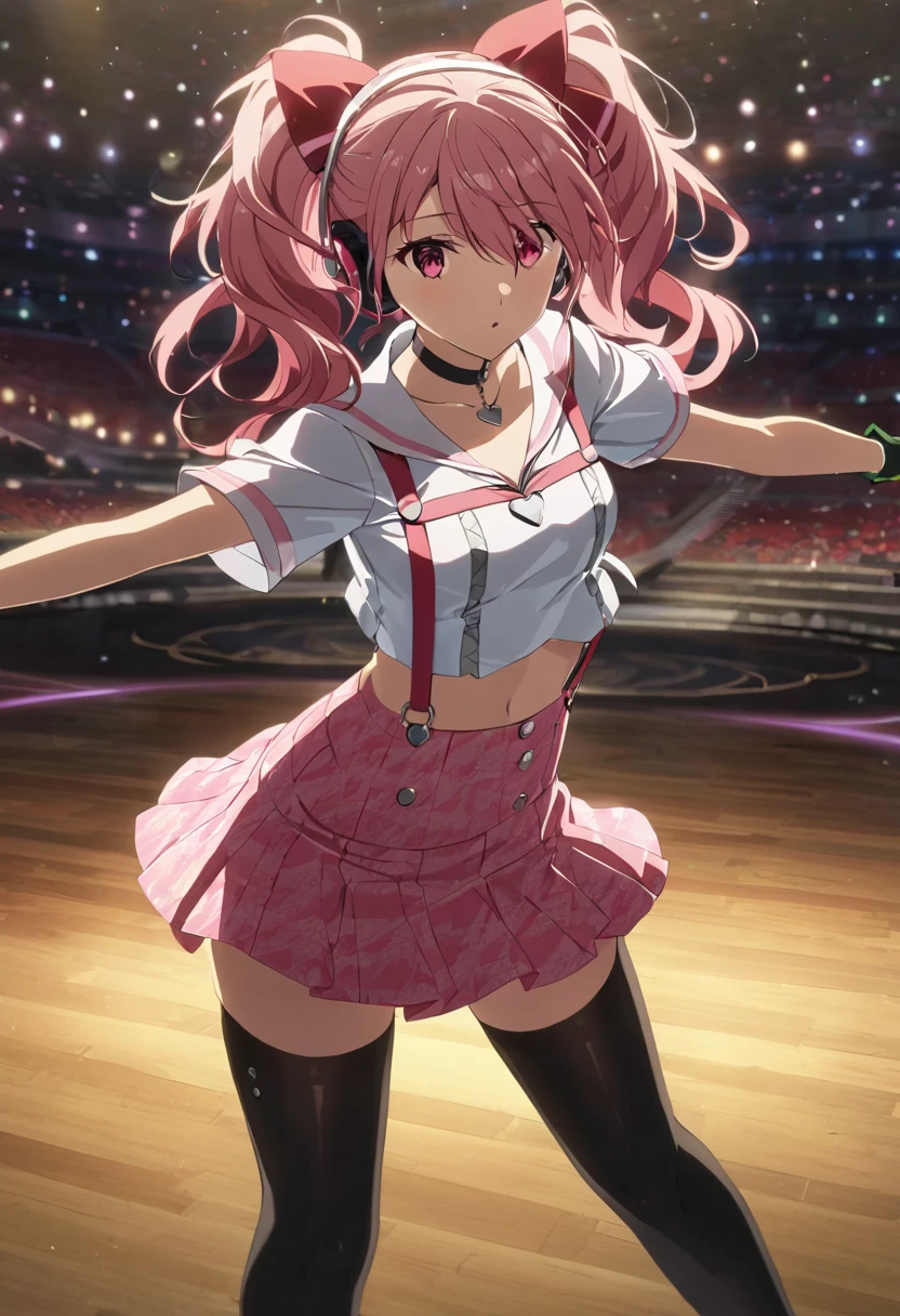 ,(mediumshot:1),kujikawadancing, twintails, hair bow, headphones, white shirt, crop top, short sleeves, suspenders, pink skirt, black thighhighs, fingerless gloves, single glove, choker, midriff,v-over eyes,,cinematic angle, anime screencap:0.8, official art, masterpiece, best quality,UHD,HDR,aesthetic,very aesthetic,,