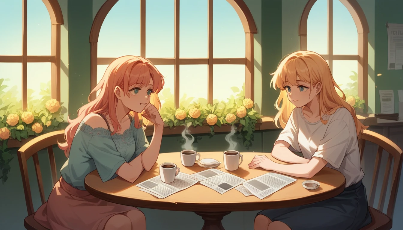 Create an image of a cozy morning scene featuring two cups of coffee with floral patterns on a table by a window, with sunlight filtering through vibrant flowers. Include details such as a newspaper, fresh croissants, scattered berries, and coffee beans to enhance the warm and inviting atmosphere.