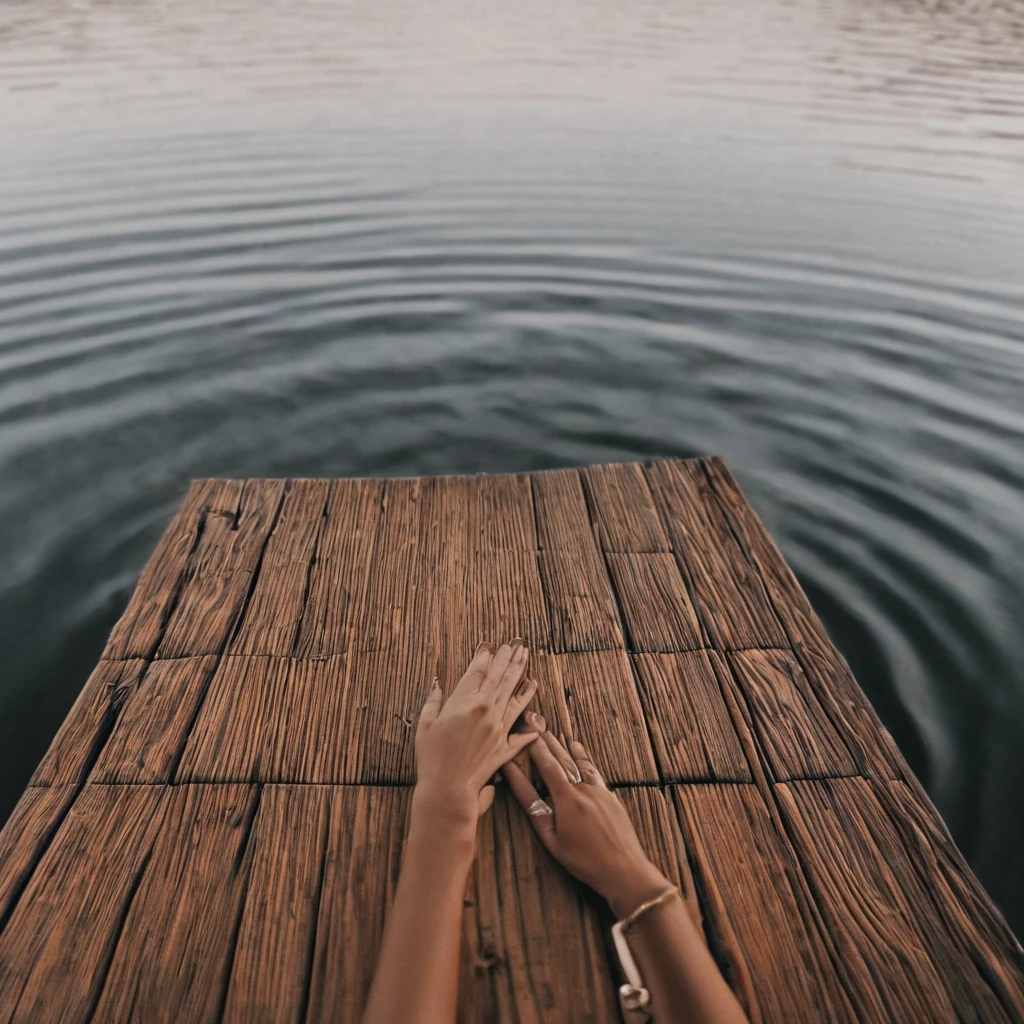Clean girl aesthetic, close up, wooden dock, lake, trend, instagram influencer, perfect fingers