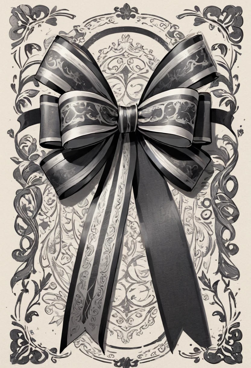 masterpiece、super beautiful、８K、Asymmetric、Long wavy ribbon、flat、An illustration of a ribbon tied in a bowknot, drawn with worn lines in the style of medieval black and white letterpress printing.