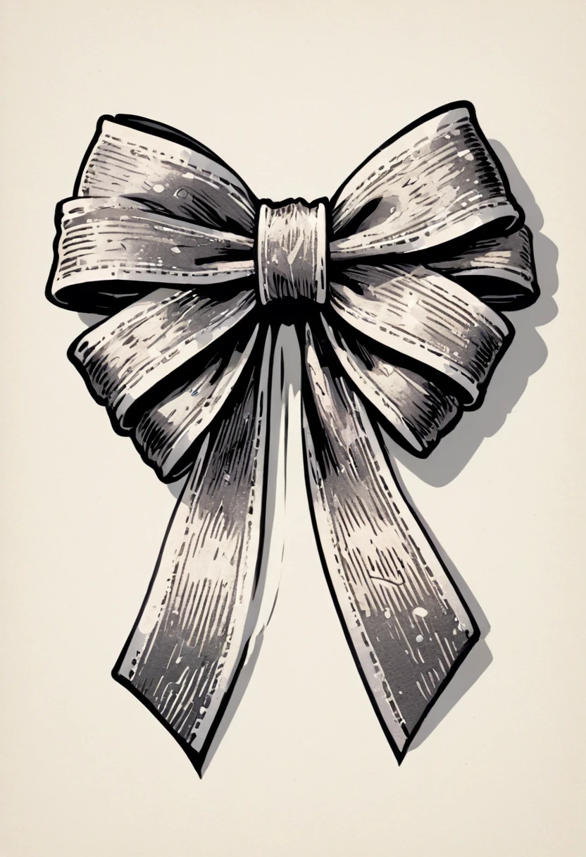 masterpiece、super beautiful、8K、Asymmetric、Long wavy ribbon、flat、An illustration of a ribbon tied in a bowknot, drawn with worn lines in the style of medieval black and white letterpress printing.
