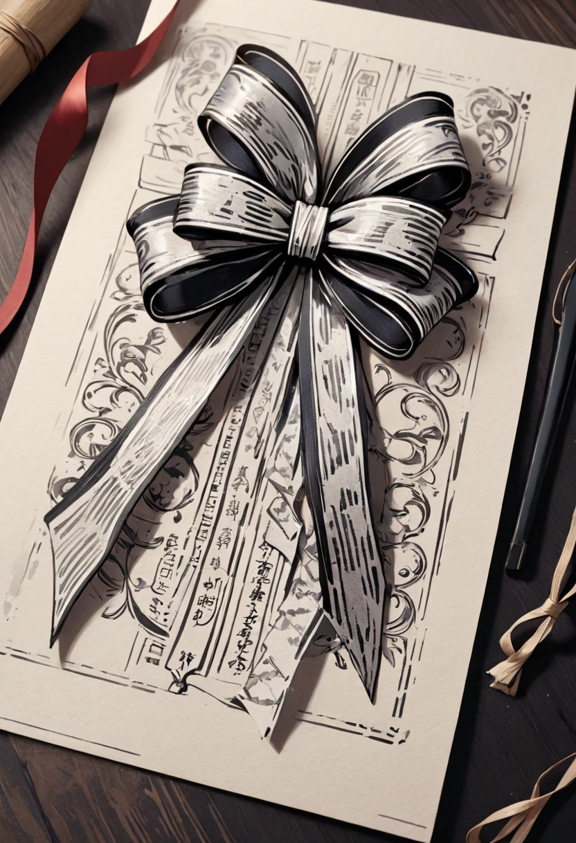 masterpiece、super beautiful、８K、Asymmetric、Long wavy ribbon、flat、An illustration of a ribbon tied in a bowknot, drawn with worn lines in the style of medieval black and white letterpress printing.