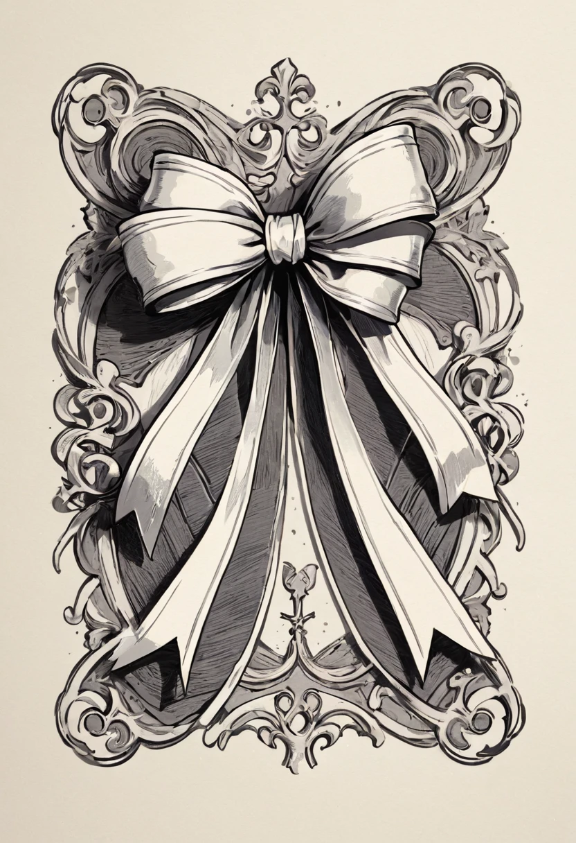 masterpiece、super beautiful、8K、Asymmetric、Long wavy ribbon、flat、An illustration of a ribbon tied in a bowknot, drawn with worn lines in the style of medieval black and white letterpress printing.