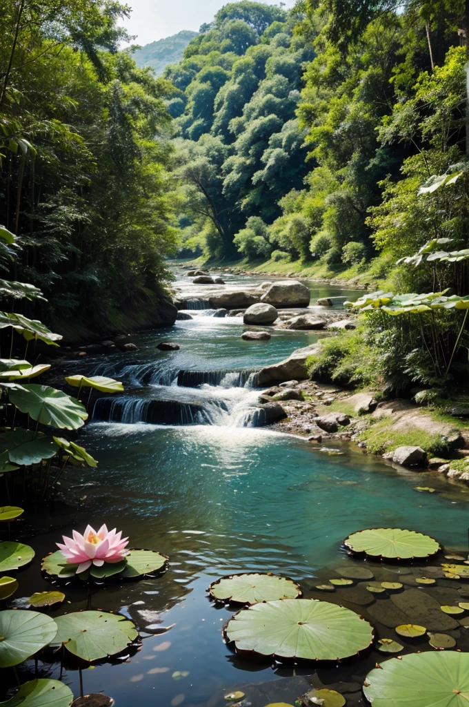 A peace full river with lots offf Lotus 
