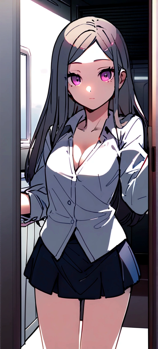 Browsing Caution:0.5, Solo portrait of one slender pale girl, Van, Long Hair, Cleavage, ( Very short skirt:1.2), Collared shirt,  At the office