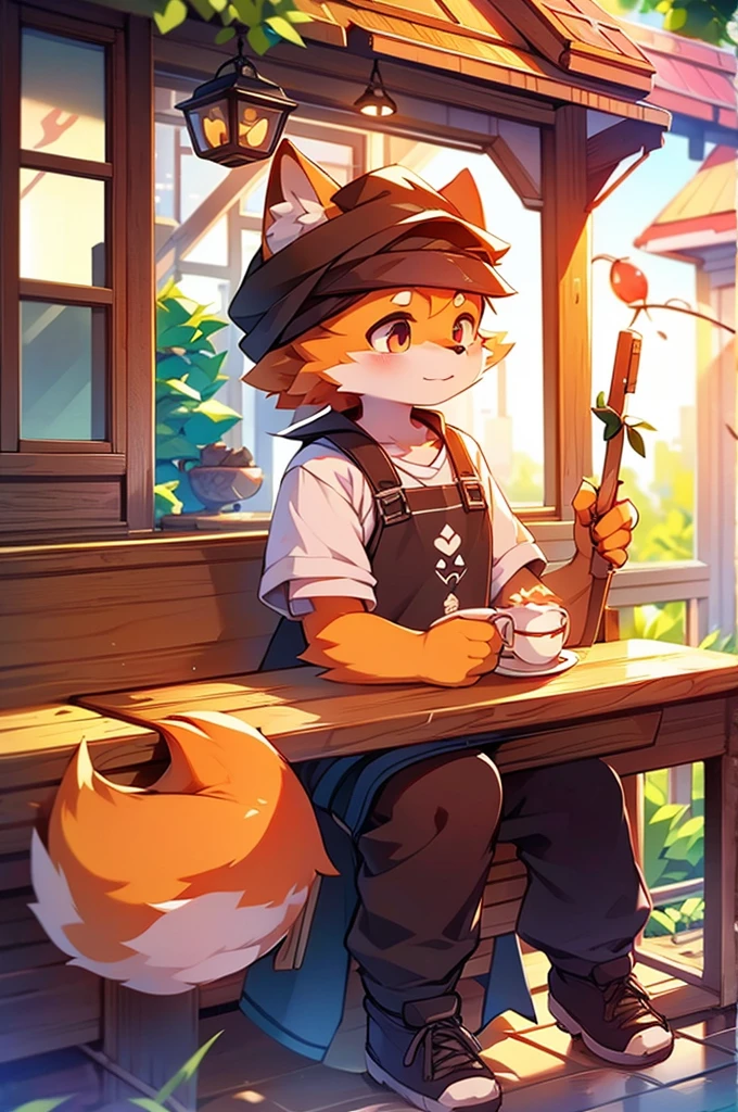 Boy with fox motif，Cafe，8K quality，