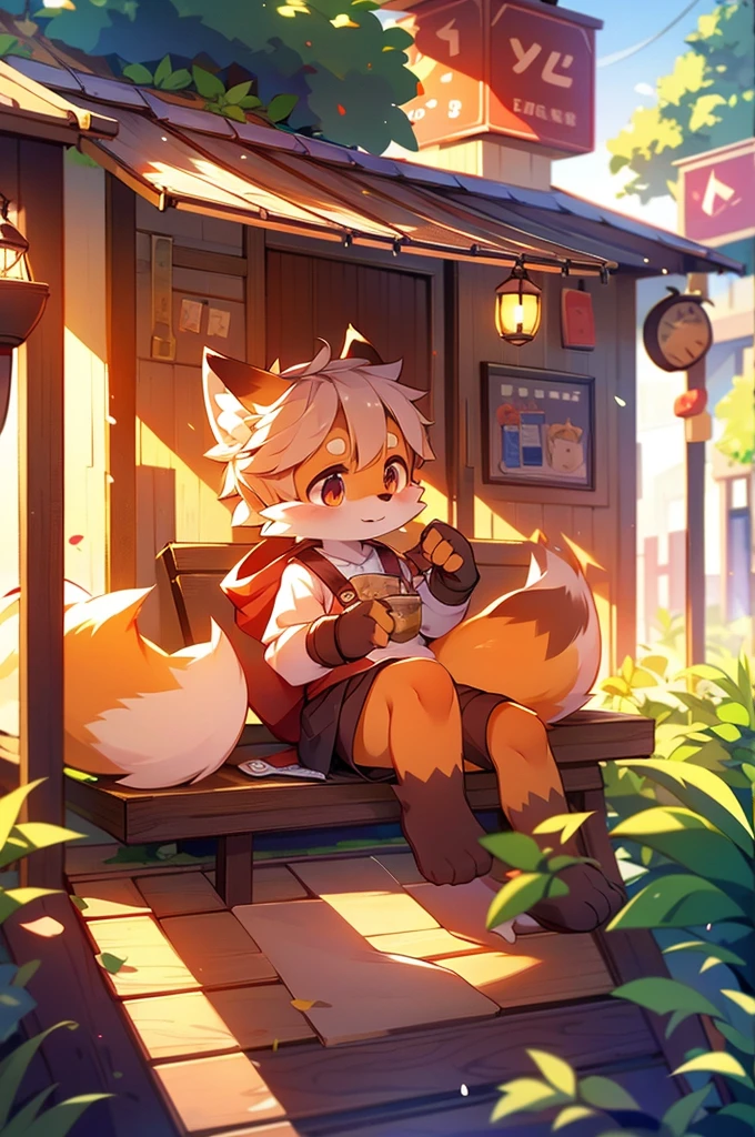 (Bright Environment: 0.8), Masterpiece, High Quality, Abstract Res, Digital Painting\(Artwork\), by Dagasi, Yupa, Kiyosan, (Anthro, Fluffy Fur, Character Focus: 1.1), Anthro Male Cat, Short Hair, Portrait , bright eyes, panorama, character focus. (Detailed background: 0.7), Solo, Furry, Furry male, Male focus, Anthr, (full body fur, fluffy big tail, orange fur, yellow eyes, white hair: 1.2), (long canine, fox, angel ring: 1.2), (exterior, early morning, poolside, parasol: 1.1)