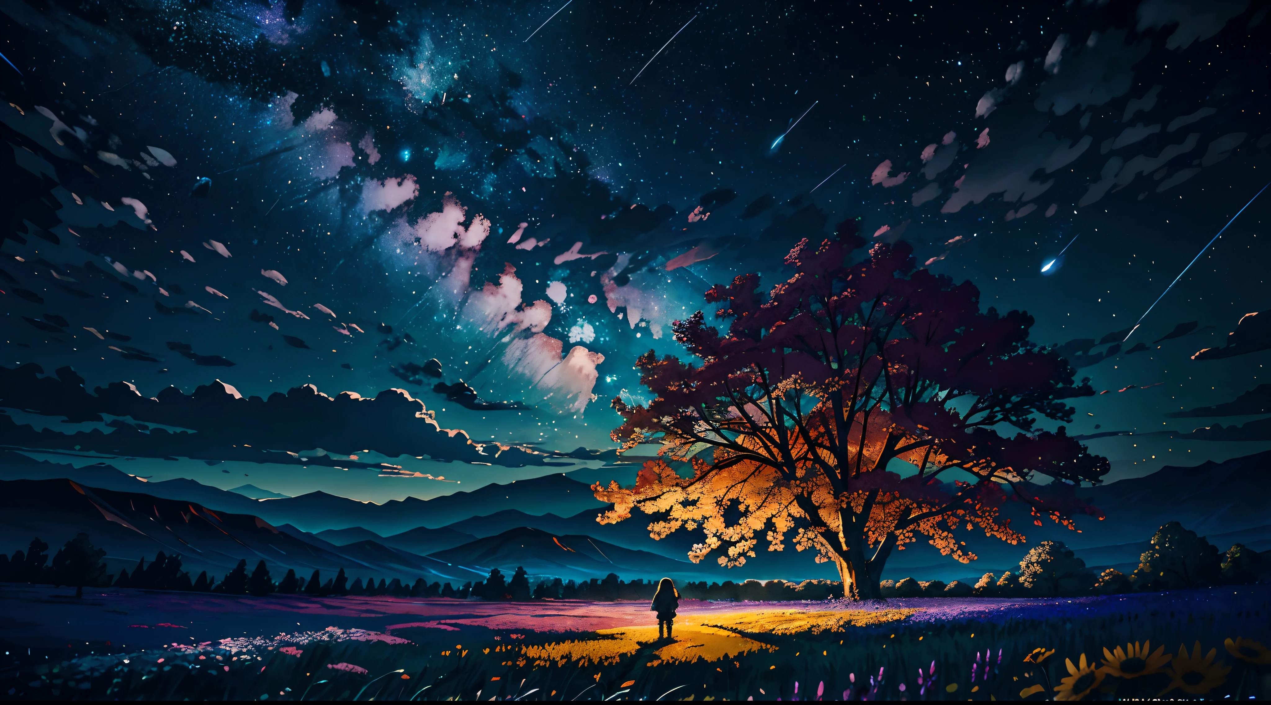 Expansive landscape photograph, (view from below with a view of the sky and the wilderness below), standing in a flower field looking up, (full moon: 1.2), (shooting star: 0.9), (nebula: 1.3), distant mountain, tree break production art, (warm light source: 1.2), (firefly: 1.2), lamp, purple and orange, intricate detail, volume lighting BREAK (masterpiece: 1.2), (highest quality ), 4k, ultra-detailed, (dynamic configuration: 1.4), highly detailed and colorful details (iridescent: 1.2), (sparkling lighting, atmospheric lighting), dreamy, magical, (solo: 1.2)