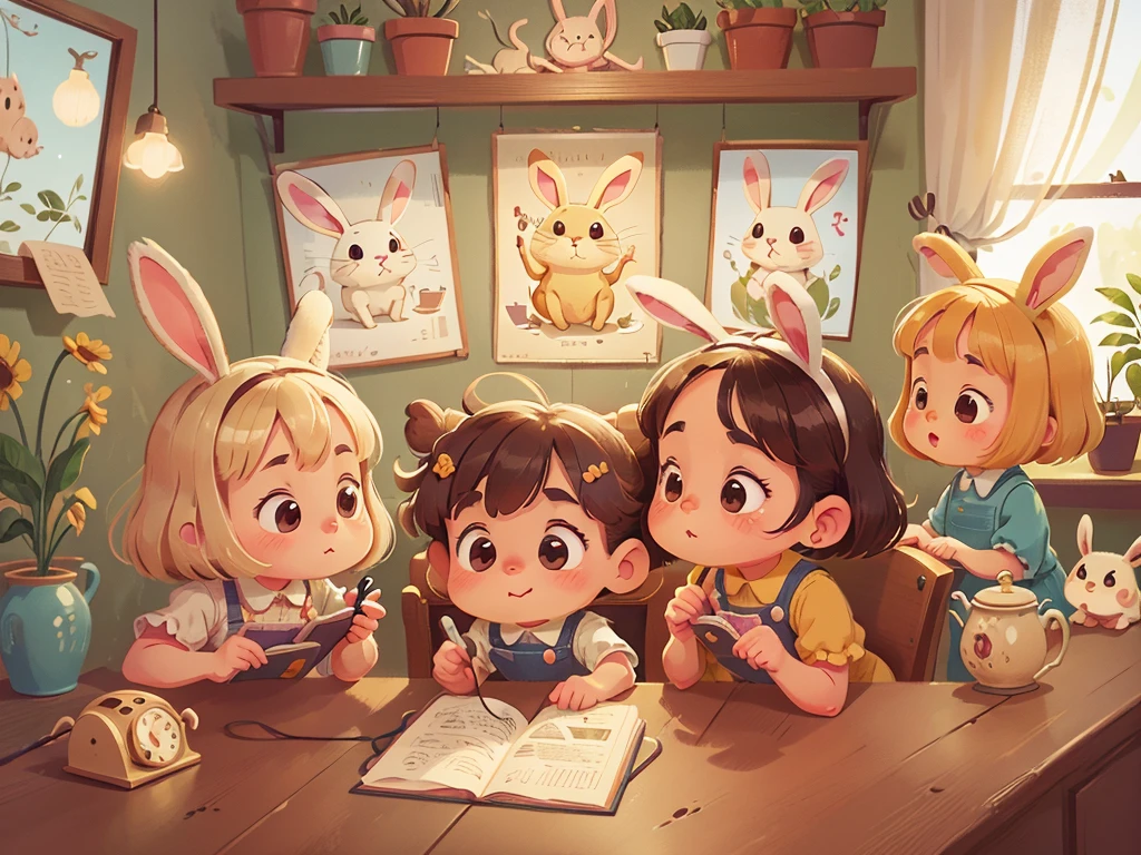 cute countertop,indoor scene,old-fashioned telephone,facial details,cute,little rabbit,children's illustration style,cartoon illustration,Only animals,no one