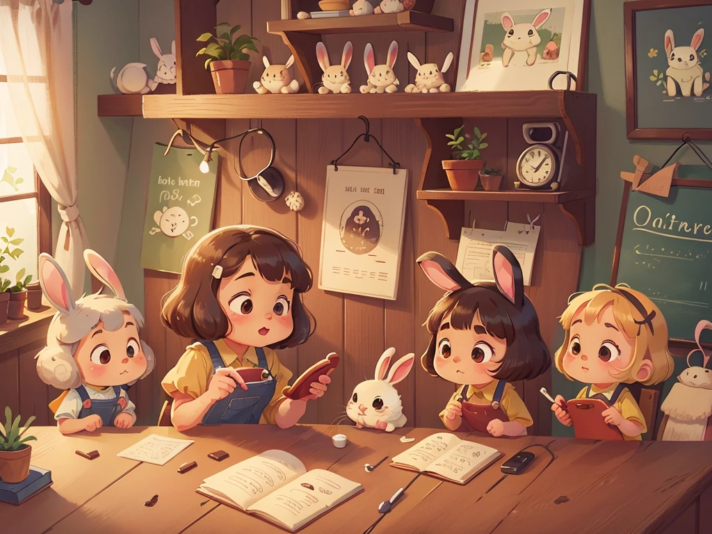 cute countertop,indoor scene,old-fashioned telephone,facial details,cute,little rabbit,children's illustration style,cartoon illustration,Only animals,no one