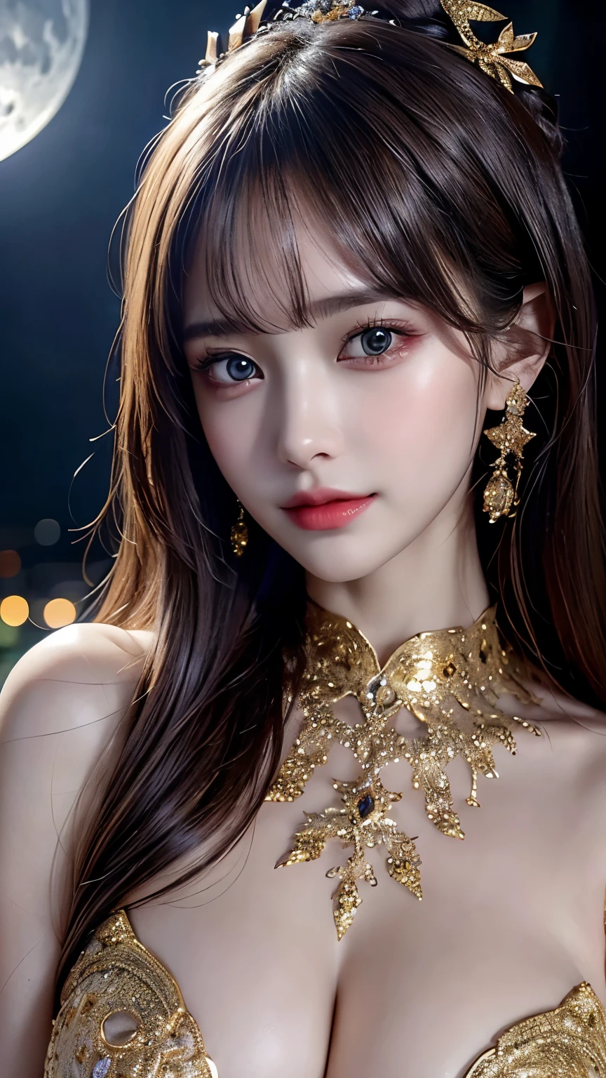 (logo, masterpiece, 8K, Tabletop, RAW Photos, wonderful, 最high quality, Photorealistic and very detailed CG composite 8k wallpaper, high quality, Very detailed, Narrative poem, Particle Effects, Dynamic Effects, Depth of the Boundary, What is written i, Cinematic Light, Lens flare, Ray Tracing), high detail skin, (very fine, fine skin texture, intricate details, beautiful face, (realistic face), realistic eyes, beautifully detailed eyes, realistic skin, beautiful skin, surreal, very detailed Golden ratio, smiling eyes, ((night moonlight background) )), body portrait, G cup, big breasts, huge breasts, big breasts, glamorous, sexy knit dress, from below