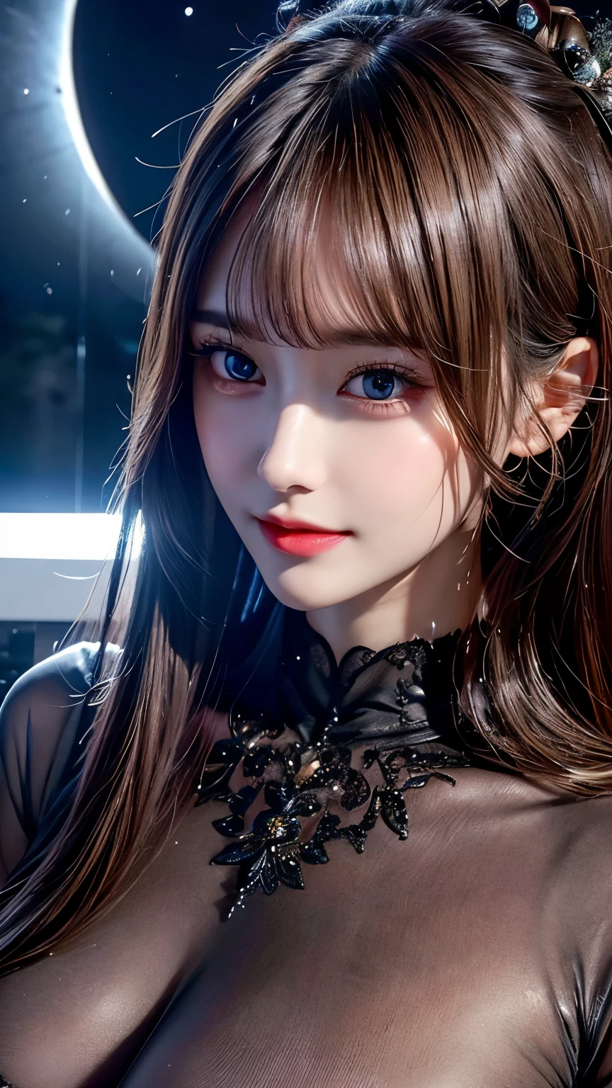 hight resolution、high-level image quality、8K、Real live-action、(((masutepiece:1.4, Best Quality:1.4)))、Physically Based Rendering, Portrait, Super Beautiful Sexy Woman, 18year old, Detailed Big Eyes, Detailed thin eyebrows, Highlights in the eyes, Half Up Dark Brown Hair, Highly detailed facial and skin texture, Crisp focus, Clear focus:1.2, Slender beauty:1.4, ((Large breasts:1.5)), Slim abs, oval-face, Lip gloss, Clear facial features, Gentle smile, Standing、(((tight black lame dress)))、Lifting the dress yourself, Bare shoulders, No shoulder strap, Sleeveless, Without arm cover, ((Cobblestone streets of European streets at night:1.4)), Warm street lamps,(((Beautiful alignment and snow-white teeth)))、Sparkling eyes、sparkly eyes、Shiny lips with lip gloss、