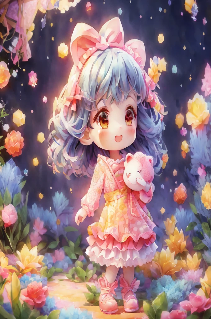 anime girl with a pink dress and a pink bow holding a teddy bear, cute detailed digital art, cute digital art, adorable digital painting, cute art style, advanced digital chibi art, detailed fanart, cute kawaii girl, stylized anime, kawaii realistic portrait, 4k highly detailed digital art, cute detailed artwork, cute character, chibi art, cute cartoon character, kawaii chibi