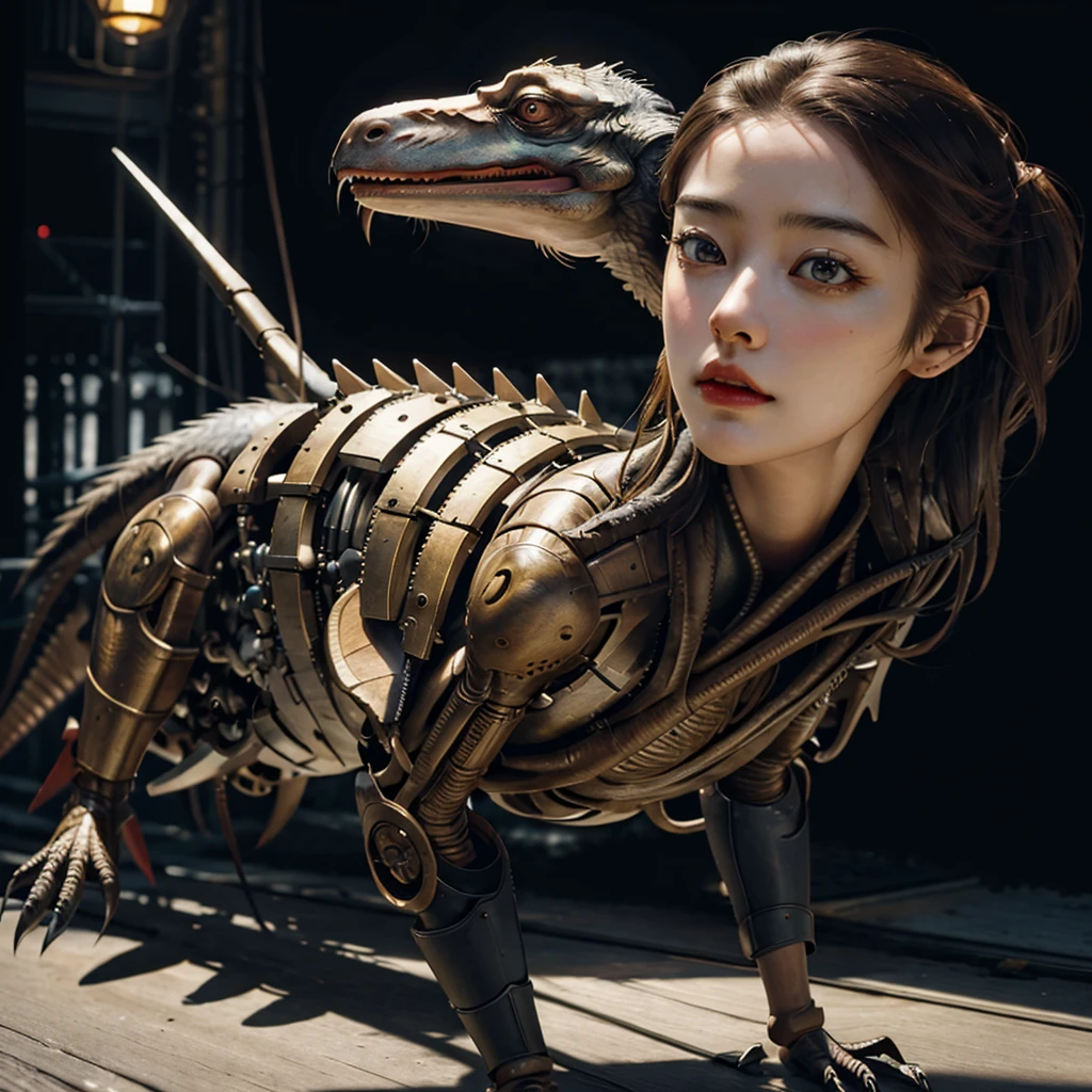 meccog, full shot, full body, Best quality, masterpiece, ultra high res, (photorealistic:1.4), absurdres,cinema lighting, (a best long shot photo of a mechanical girl),(koh_amberheard:0.9), insanely detailed face, fantasy scifi creature, hyper realistic, steampunk, intricate design, insanely detailed, fine details, beautiful,pretty face, a girl riding on a Velociraptor,