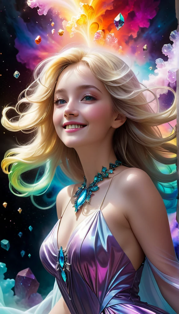 romanticism lain, hyper HD, Ethereal, mistic, Full body portrait of a beautiful and charming young woman, Flawless angel face, Endless extra-long blonde hair, flow around her, blown away by the wind, (A soft rainbow smoke floats around her body) like an elegant dress ((Made of vibrant and vivid, smooth private parts, Soft swirls of billowing smoke and colorful cosmic nebulae)), the are In the background ((Stunning crystals and a variety of colorful minerals: 1.6)), Fantasyart, photo-realism, Hyper-realism, The is very detailed, Popular topics on artstationh, Focus sharp, The best shadow, Best quality at best, dynamic compositions, studio photo, Complicated details, primitive, simulating, Digital SLR, smile, Cinematic, Surrealism, Contemporary art, cinematic lighting, ray tracing, god rays, 16k, UHD, best quality, highres, high quality, textured skin, masterpiece