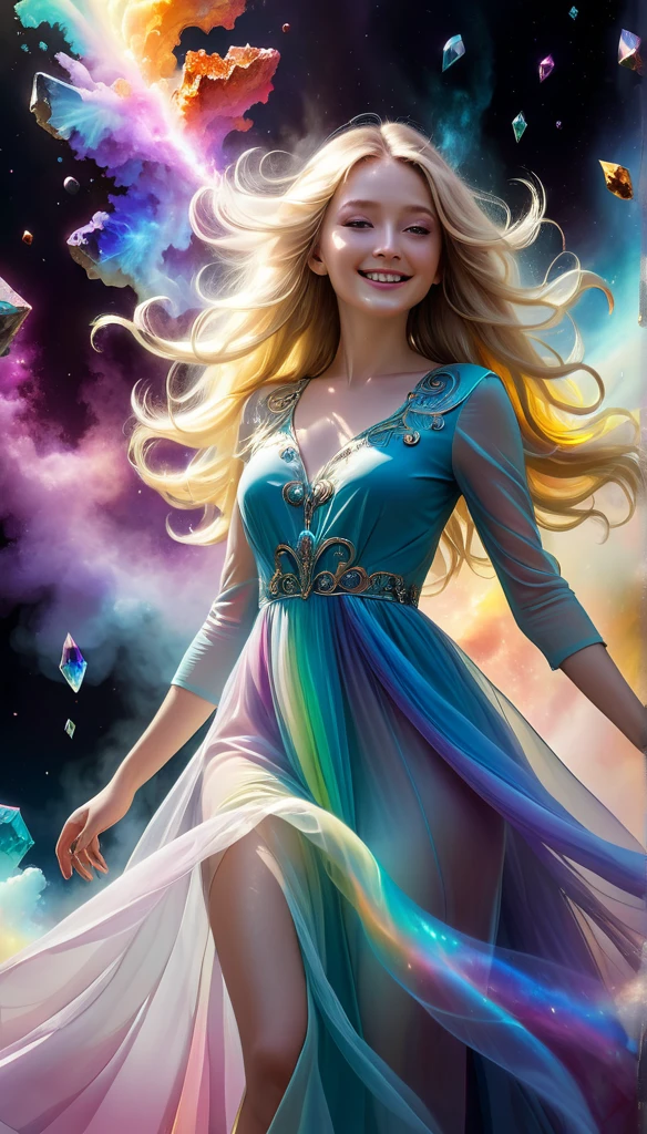 romanticism lain, hyper HD, Ethereal, mistic, Full body portrait of a beautiful and charming young woman, Flawless angel face, Endless extra-long blonde hair, flow around her, blown away by the wind, (A soft rainbow smoke floats around her body) like an elegant dress ((Made of vibrant and vivid, smooth private parts, Soft swirls of billowing smoke and colorful cosmic nebulae)), the are In the background ((Stunning crystals and a variety of colorful minerals: 1.6)), Fantasyart, photo-realism, Hyper-realism, The is very detailed, Popular topics on artstationh, Focus sharp, The best shadow, Best quality at best, dynamic compositions, studio photo, Complicated details, primitive, simulating, Digital SLR, smile, Cinematic, Surrealism, Contemporary art, cinematic lighting, ray tracing, god rays, 16k, UHD, best quality, highres, high quality, textured skin, masterpiece