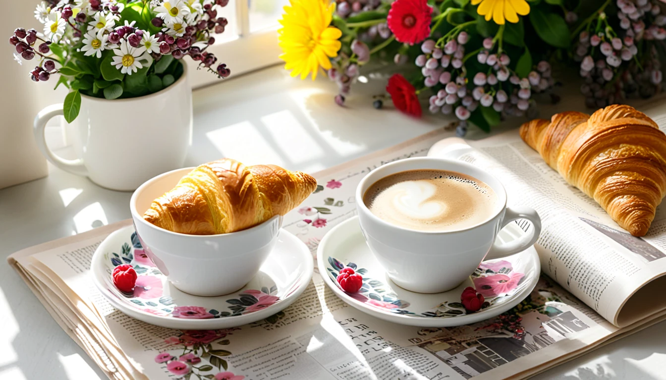 Create an image of a cozy morning scene featuring two cups of coffee with floral patterns on a table by a window, with sunlight filtering through vibrant flowers. Include details such as a newspaper, fresh croissants, scattered berries, and coffee beans to enhance the warm and inviting atmosphere.