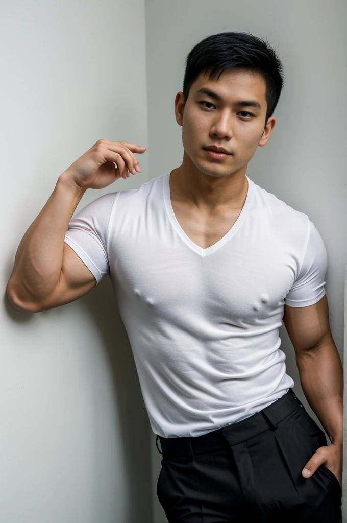 25 year old muscular Asian man, The face looks like that of an Indonesian artist., Bold and cool, Wear a tight white polo shirt., chest visible, Wear black trousers., ((in wonderland)), Pose, Photo model, Very high quality, Very high resolution,