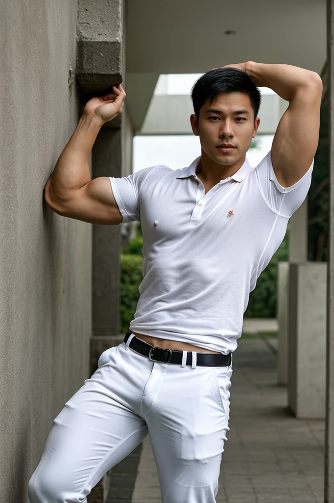 25 year old muscular Asian man, The face looks like that of an Indonesian artist., Bold and cool, Wear a tight white polo shirt., chest visible, Wear black trousers., ((in wonderland)), Pose, Photo model, Very high quality, Very high resolution,