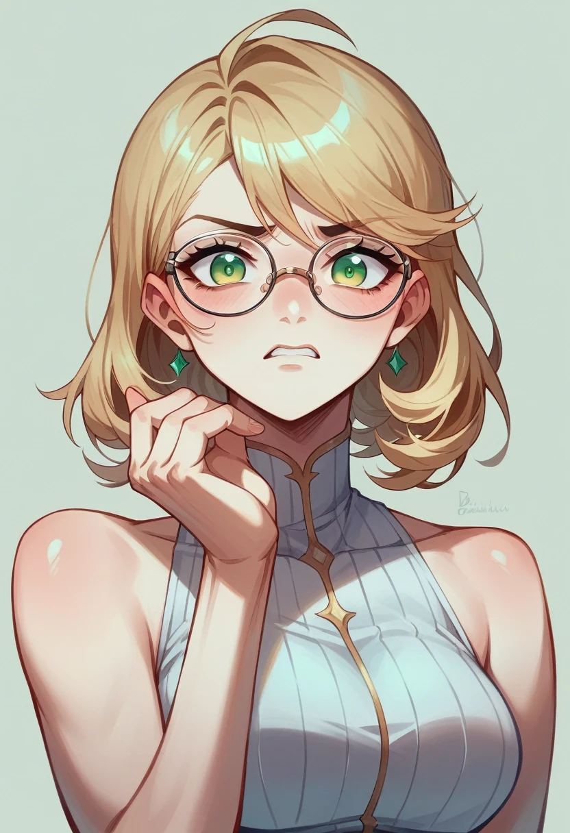 Push your glasses up on your head、Frustrated woman looking for something、Marker outline、Detailed facial features、Beautiful green eyes、Detailed hands、Detailed clothing、Dynamic pose、Atmospheric lighting、Calm colors、EdobHorrorLandscape