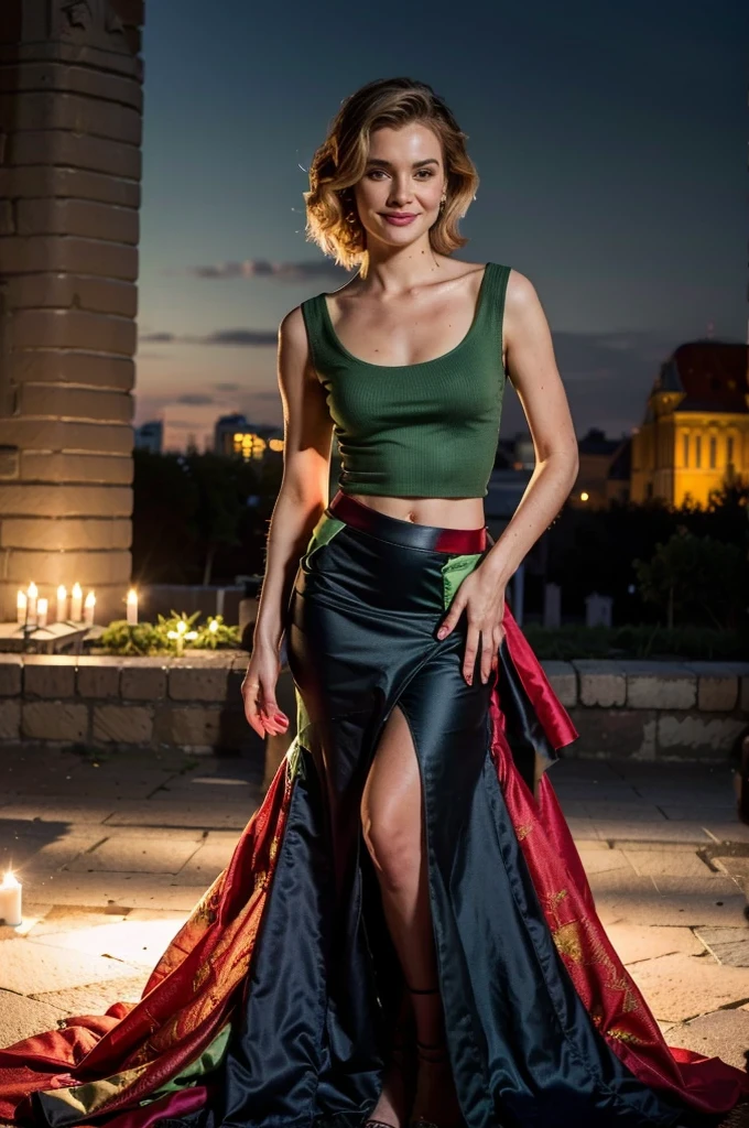 photographie réaliste, de jour, belle robe de soirée rouge , Lituania, pretty women blonde standing up, (((wear a green top)), (((wear a red skirt))), Vilnius place, smirk, ((((Grande place de la cathédrale de Vilnius))))