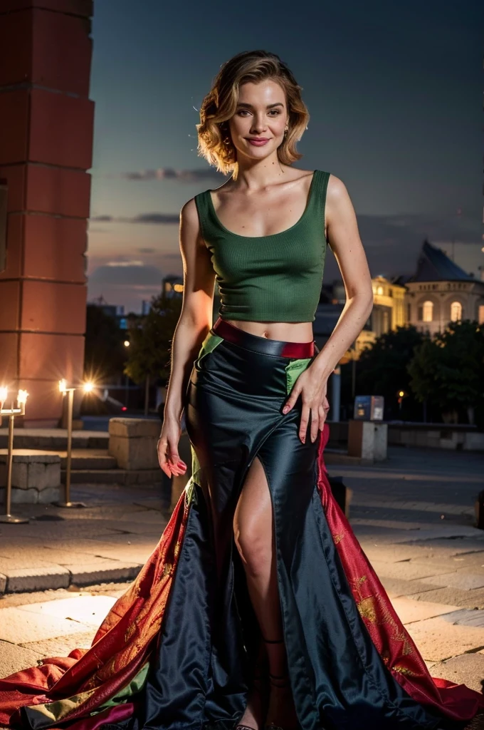 photographie réaliste, de jour, belle robe de soirée rouge , Lituania, pretty women blonde standing up, (((wear a green top)), (((wear a red skirt))), Vilnius place, smirk, ((((Grande place de la cathédrale de Vilnius))))